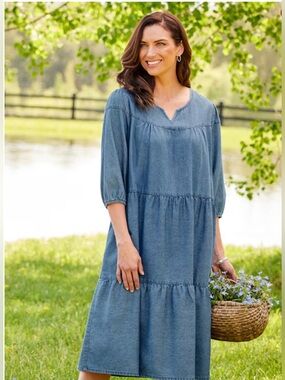 Vermont Country Store Notch-Neckline Denim Muumuu Dress